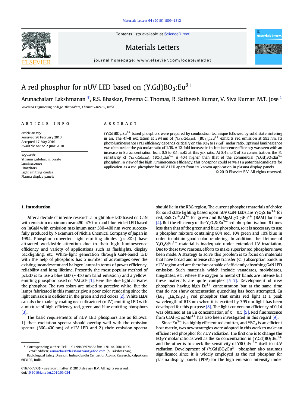 A red phosphor for nUV LED based on (Y,Gd)BO3:Eu3+