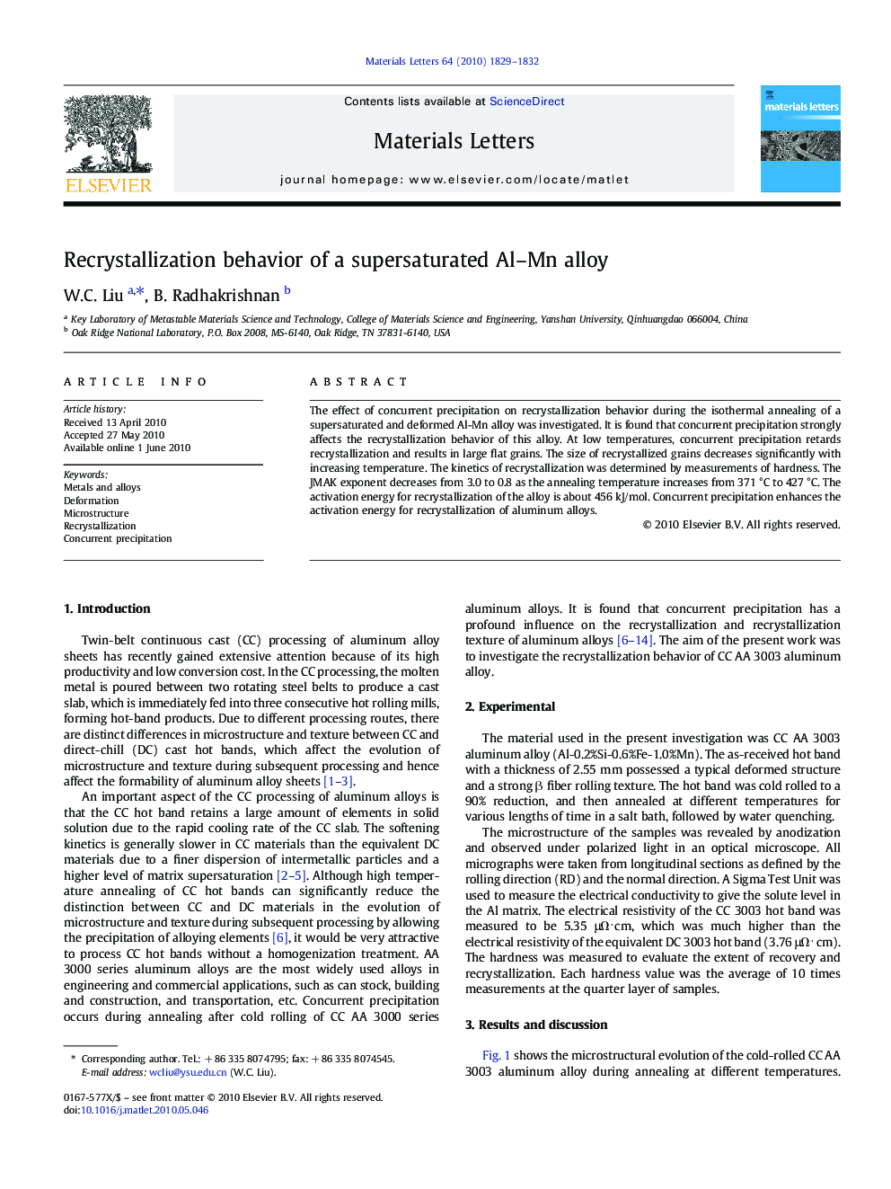 Recrystallization behavior of a supersaturated Al–Mn alloy