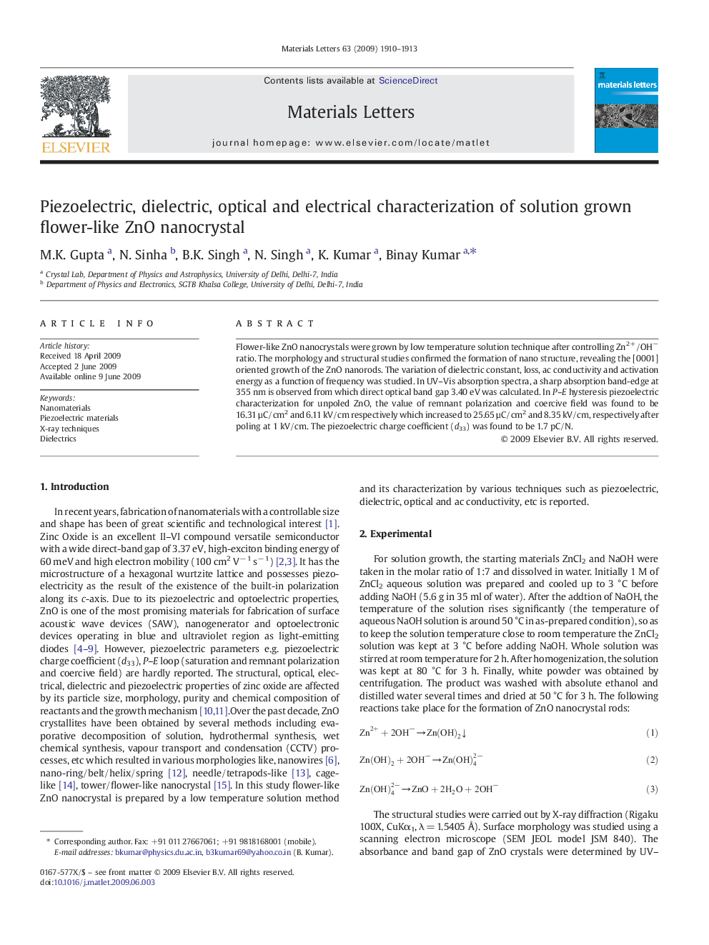 Piezoelectric, dielectric, optical and electrical characterization of solution grown flower-like ZnO nanocrystal