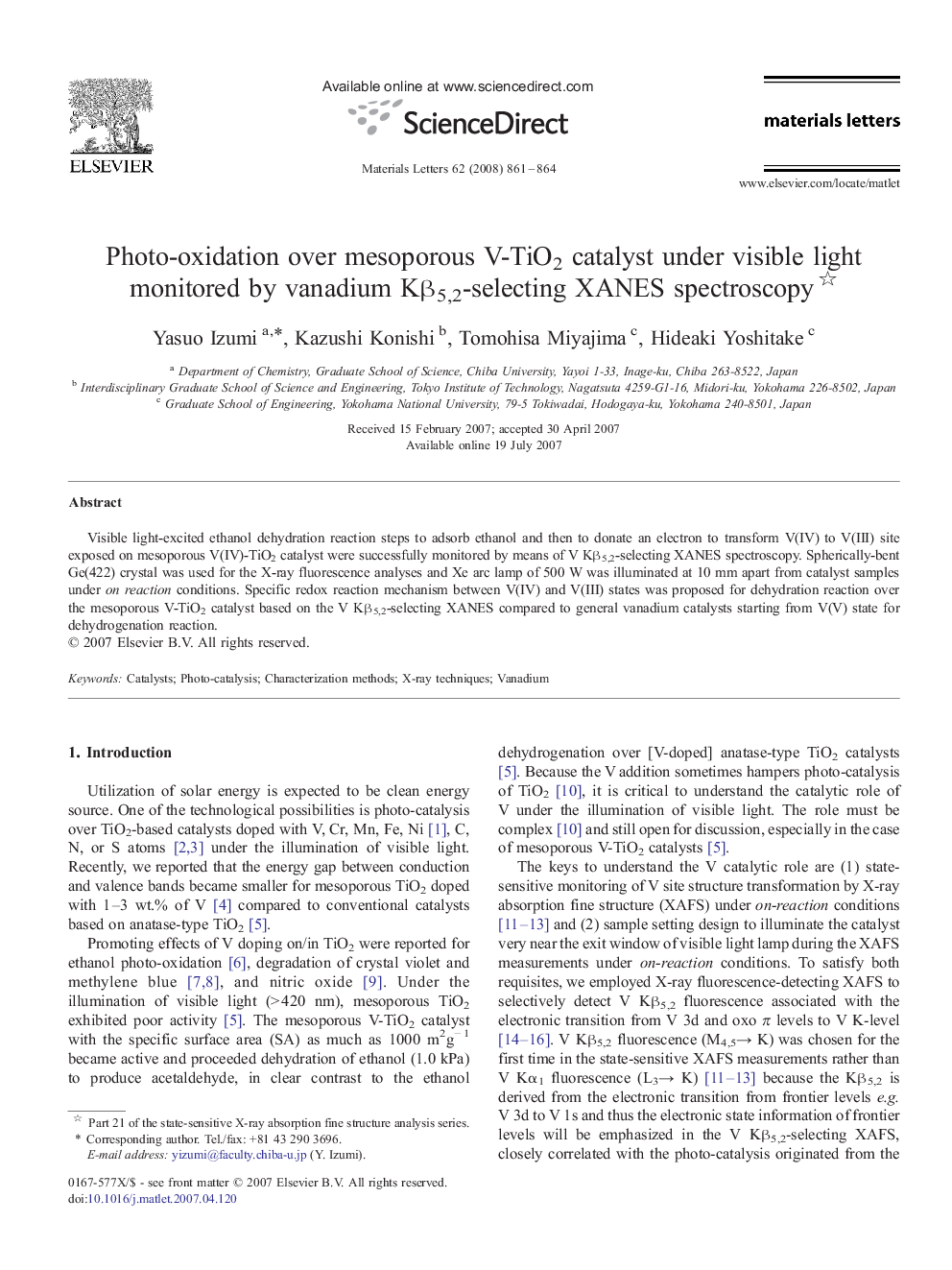 Photo-oxidation over mesoporous V-TiO2 catalyst under visible light monitored by vanadium Kβ5,2-selecting XANES spectroscopy 