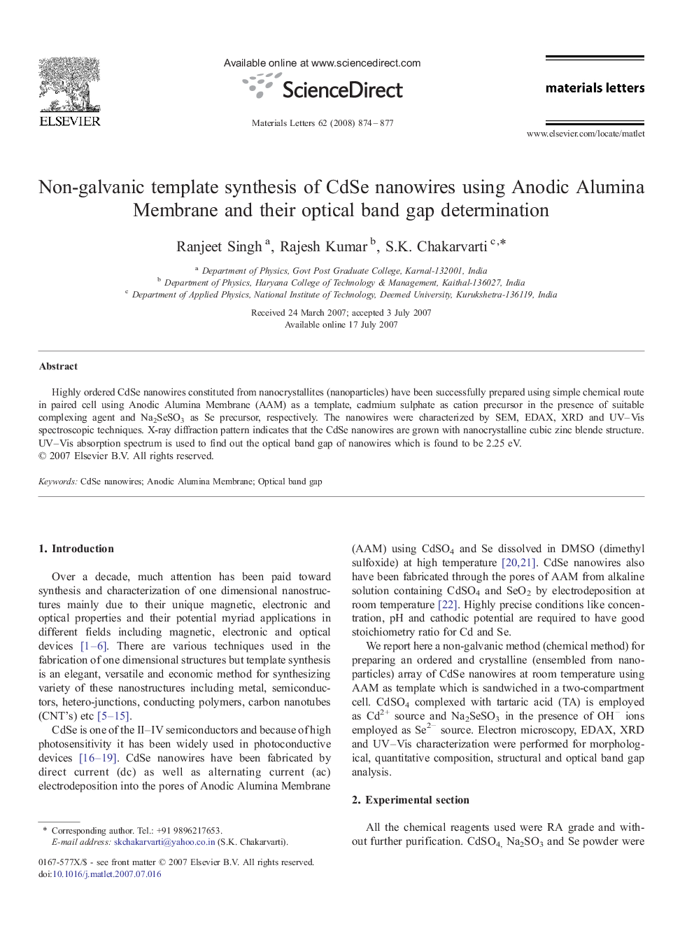 Non-galvanic template synthesis of CdSe nanowires using Anodic Alumina Membrane and their optical band gap determination