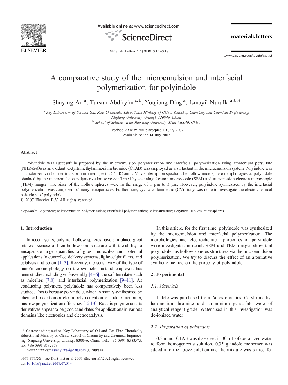 A comparative study of the microemulsion and interfacial polymerization for polyindole