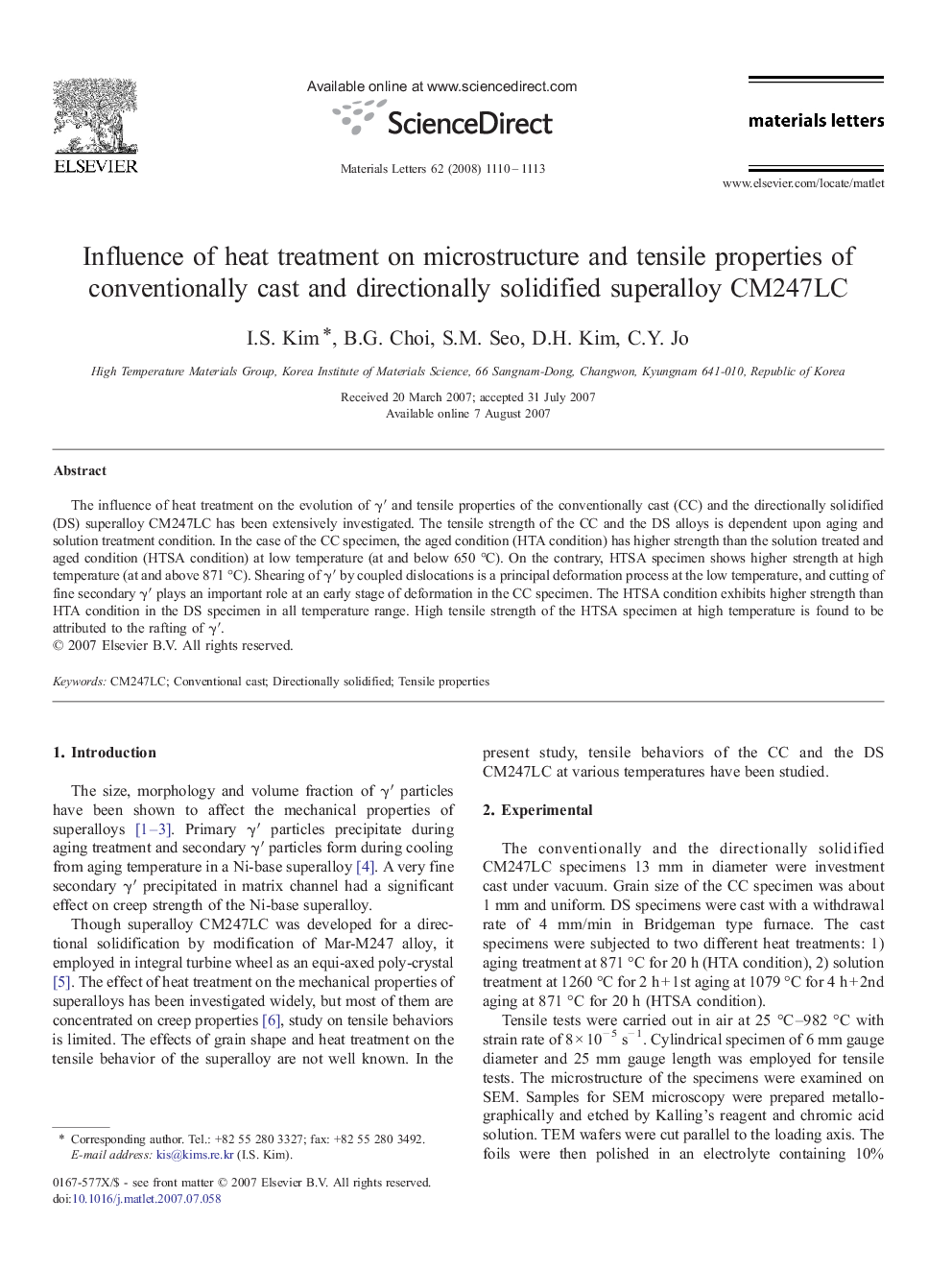 Influence of heat treatment on microstructure and tensile properties of conventionally cast and directionally solidified superalloy CM247LC