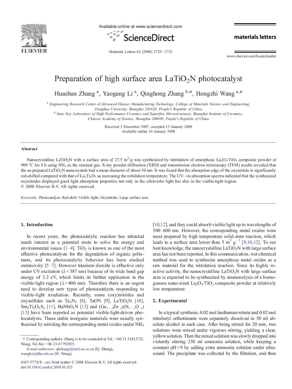 Preparation of high surface area LaTiO2N photocatalyst