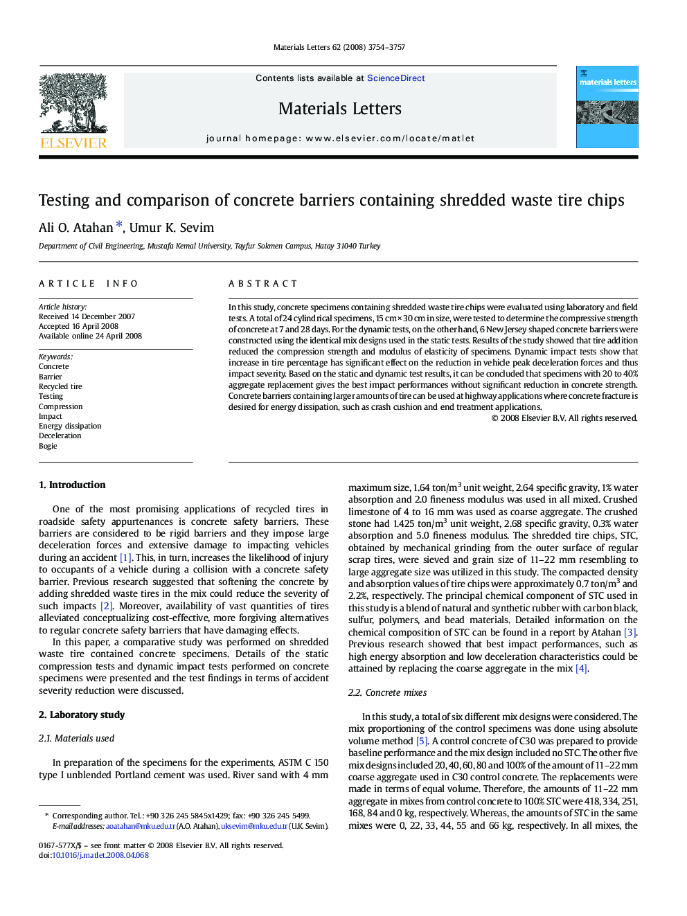 Testing and comparison of concrete barriers containing shredded waste tire chips