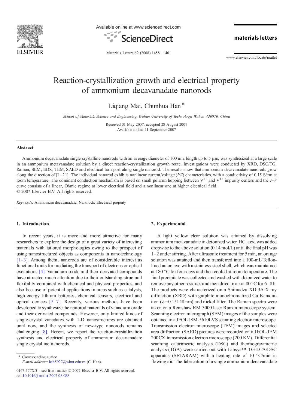 Reaction-crystallization growth and electrical property of ammonium decavanadate nanorods