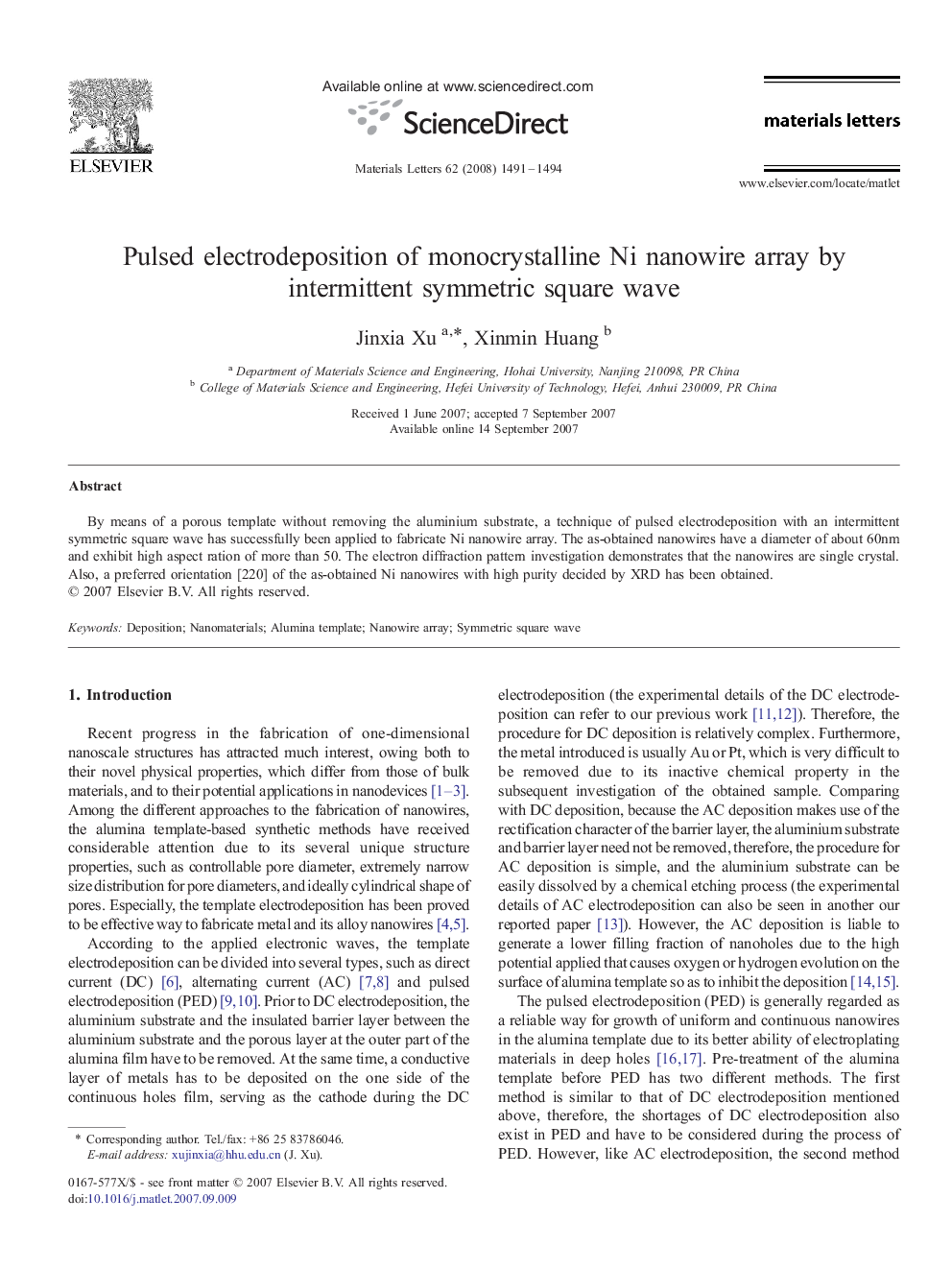 Pulsed electrodeposition of monocrystalline Ni nanowire array by intermittent symmetric square wave