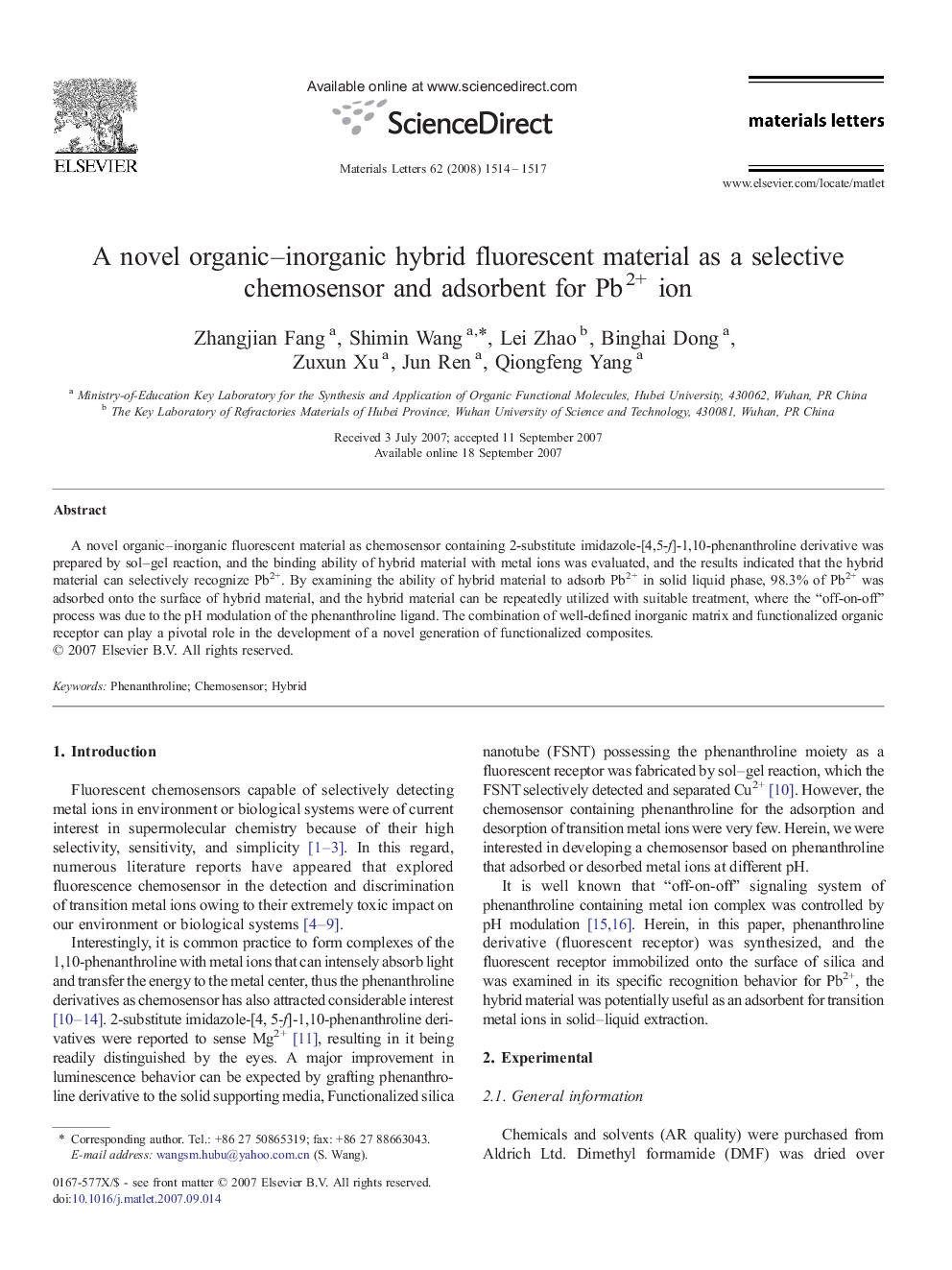 A novel organic–inorganic hybrid fluorescent material as a selective chemosensor and adsorbent for Pb2+ ion