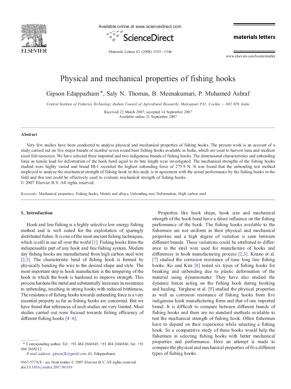 Physical and mechanical properties of fishing hooks