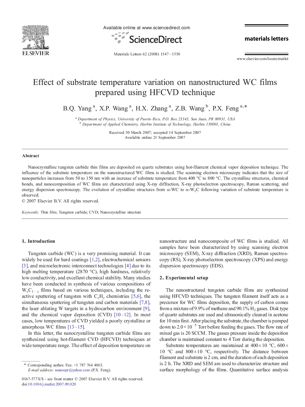 Effect of substrate temperature variation on nanostructured WC films prepared using HFCVD technique