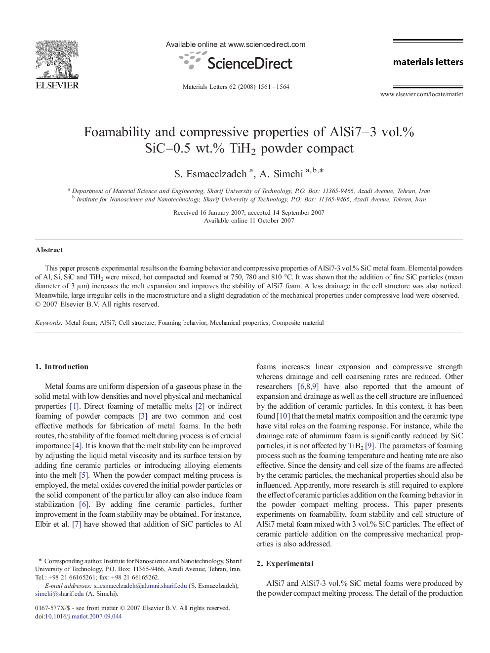 Foamability and compressive properties of AlSi7–3 vol.% SiC–0.5 wt.% TiH2 powder compact