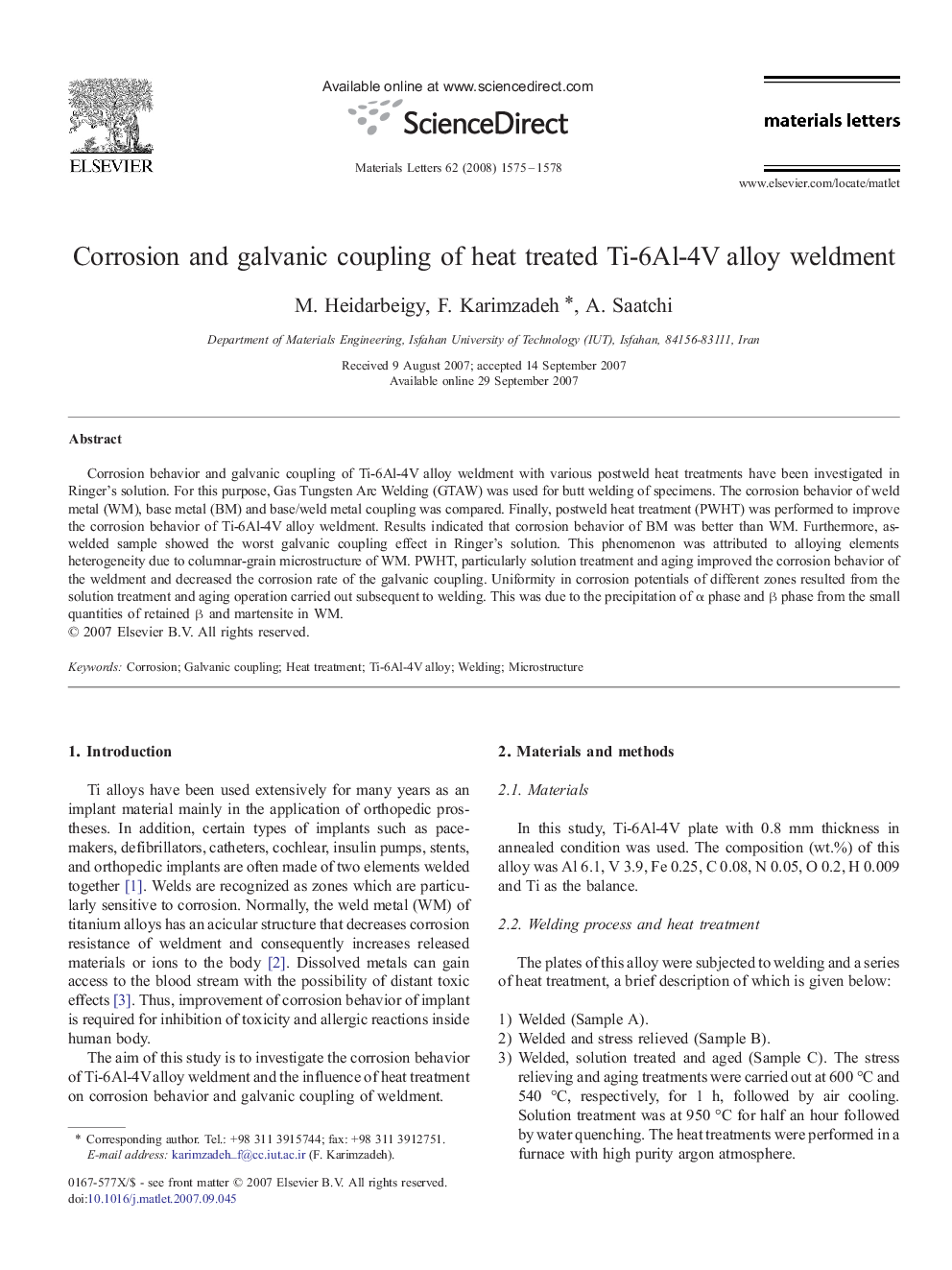 Corrosion and galvanic coupling of heat treated Ti-6Al-4V alloy weldment