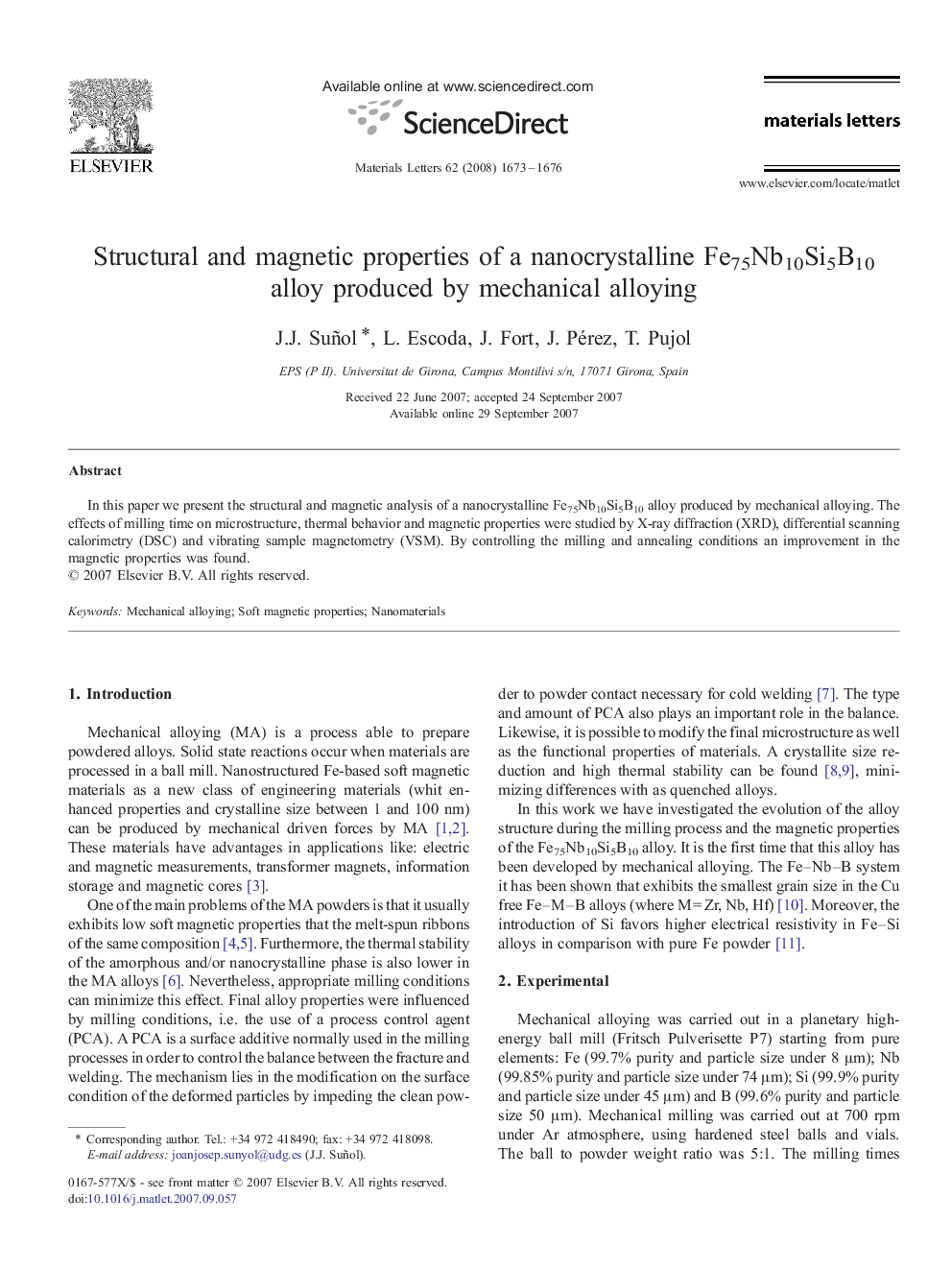 Structural and magnetic properties of a nanocrystalline Fe75Nb10Si5B10 alloy produced by mechanical alloying