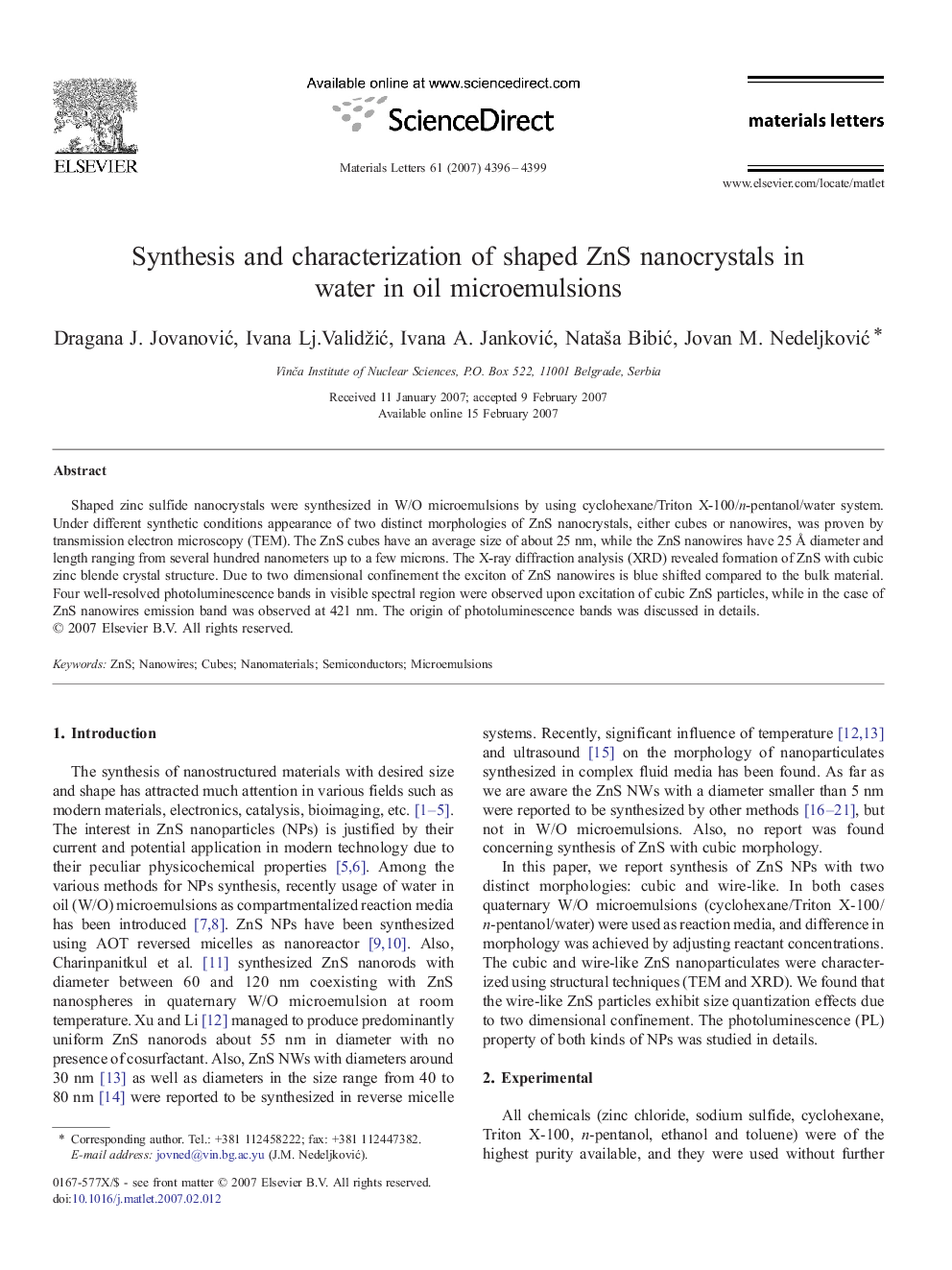 Synthesis and characterization of shaped ZnS nanocrystals in water in oil microemulsions