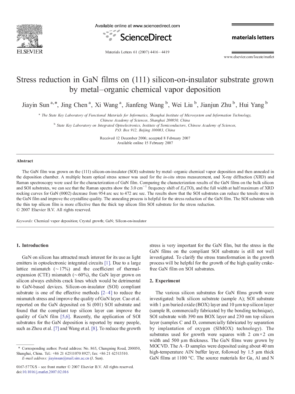 Stress reduction in GaN films on (111) silicon-on-insulator substrate grown by metal–organic chemical vapor deposition