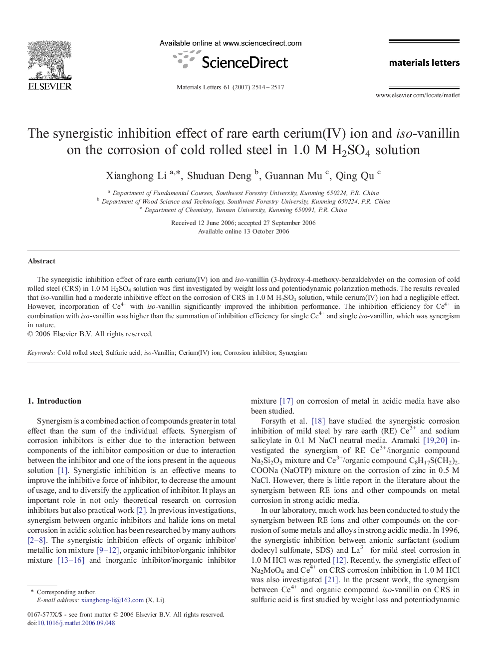 The synergistic inhibition effect of rare earth cerium(IV) ion and iso-vanillin on the corrosion of cold rolled steel in 1.0 M H2SO4 solution