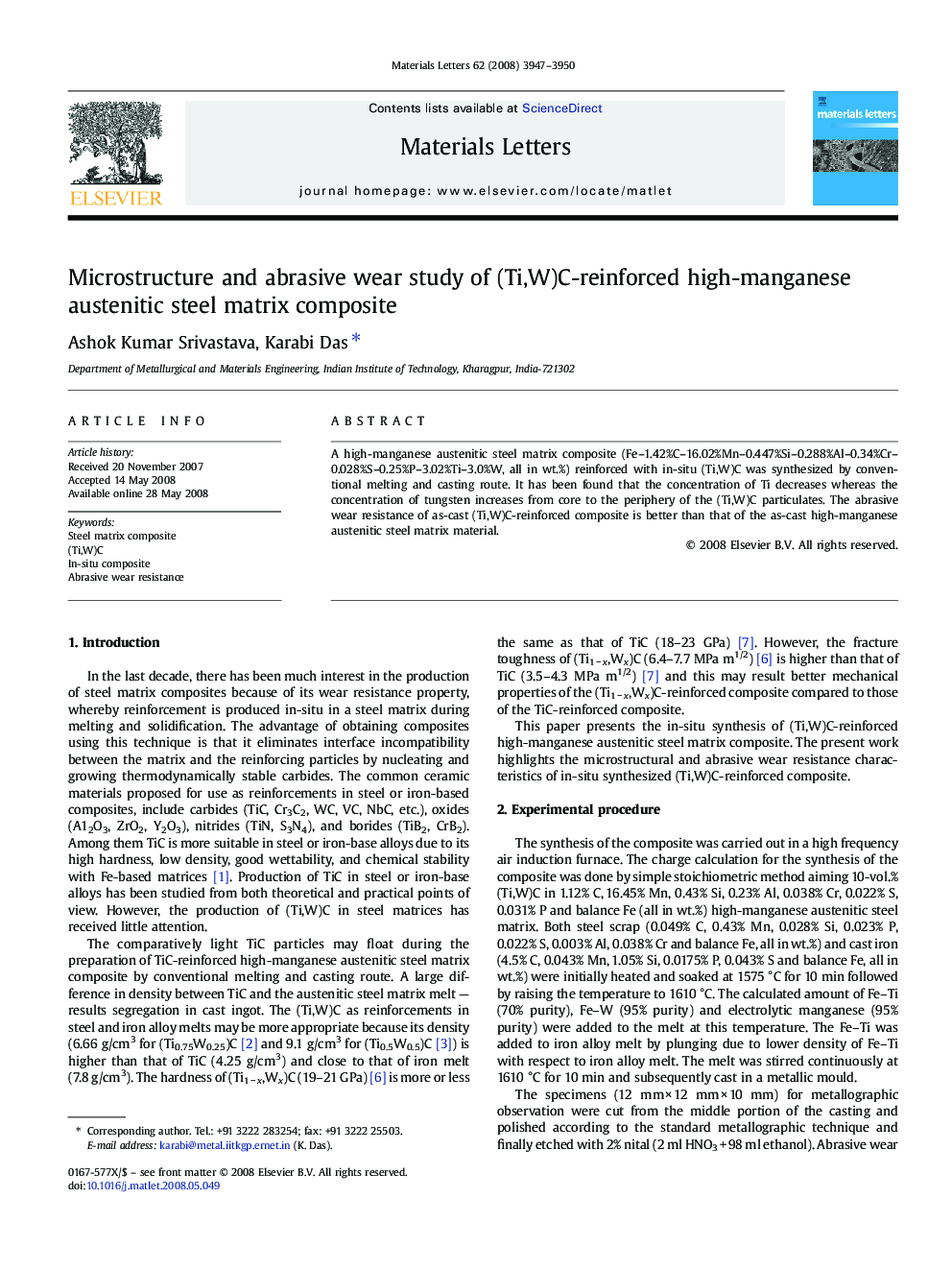 Microstructure and abrasive wear study of (Ti,W)C-reinforced high-manganese austenitic steel matrix composite