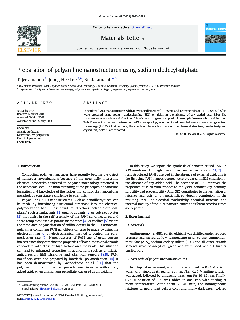 Preparation of polyaniline nanostructures using sodium dodecylsulphate