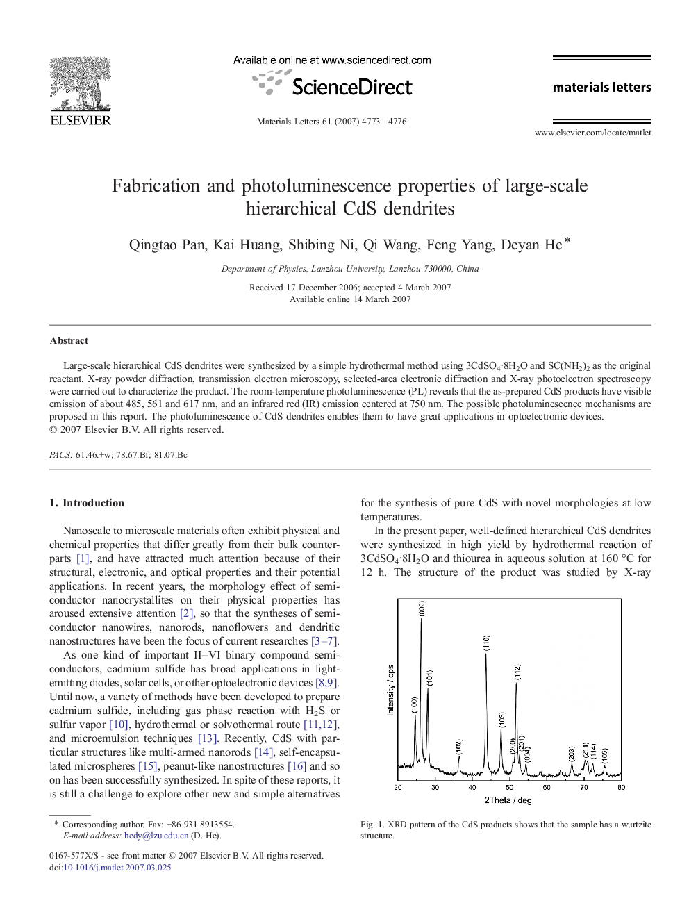 Fabrication and photoluminescence properties of large-scale hierarchical CdS dendrites