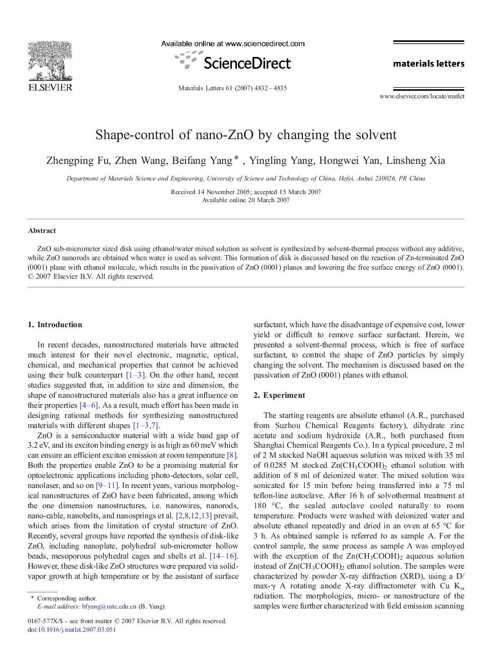 Shape-control of nano-ZnO by changing the solvent