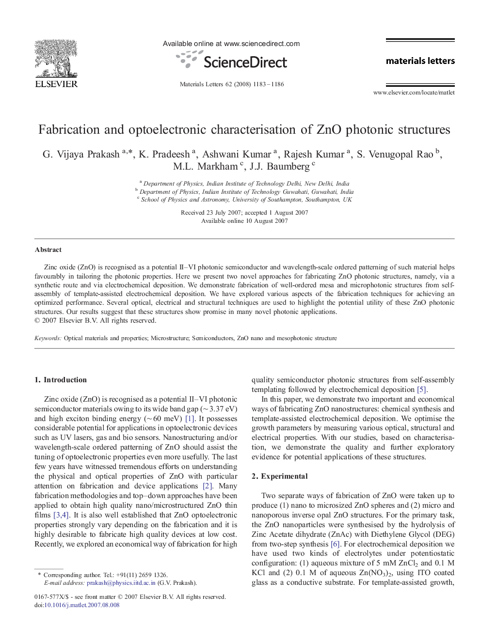 Fabrication and optoelectronic characterisation of ZnO photonic structures