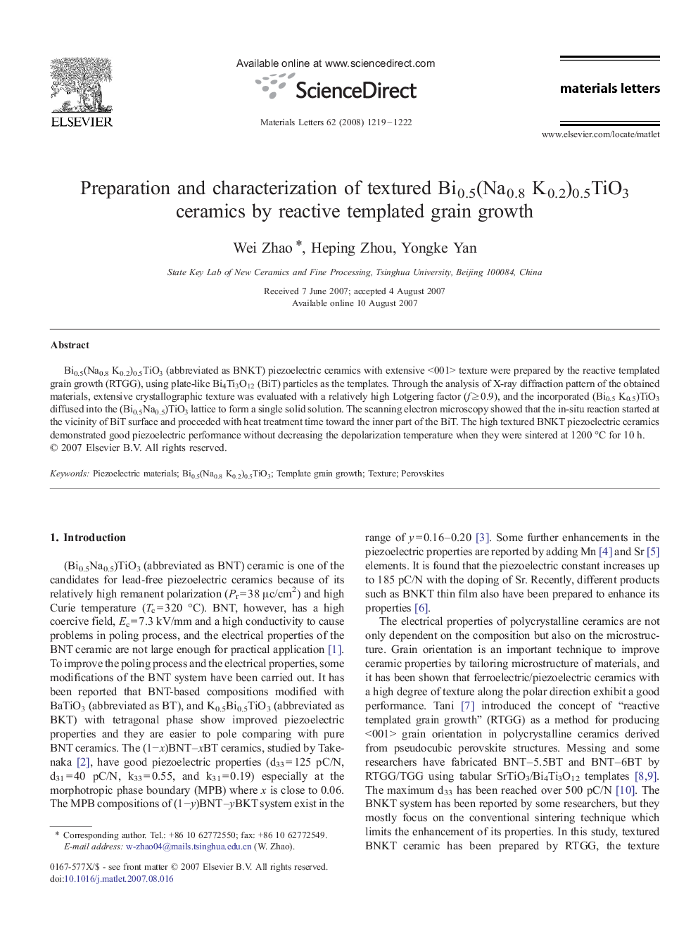 Preparation and characterization of textured Bi0.5(Na0.8 K0.2)0.5TiO3 ceramics by reactive templated grain growth