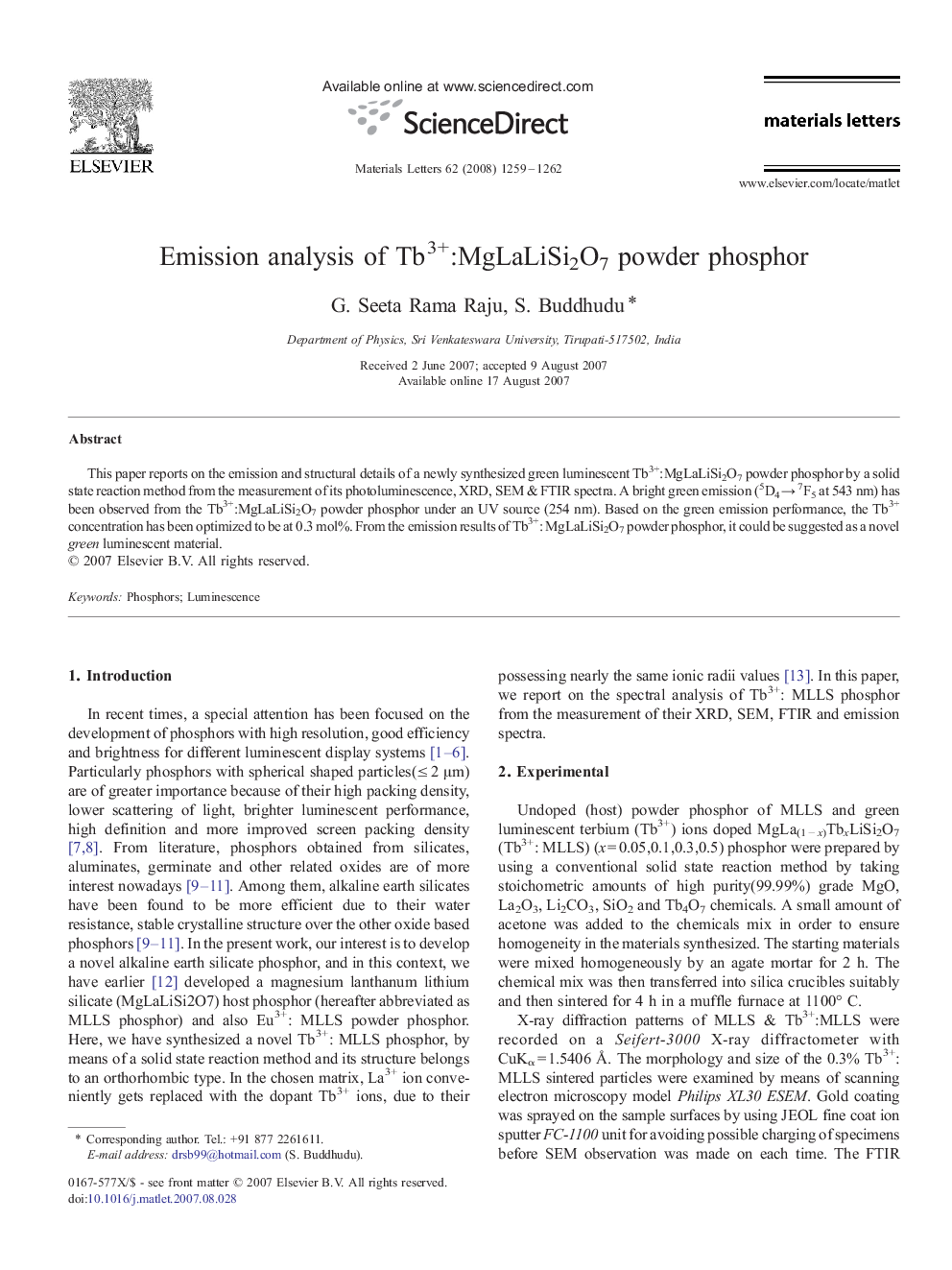 Emission analysis of Tb3+:MgLaLiSi2O7 powder phosphor