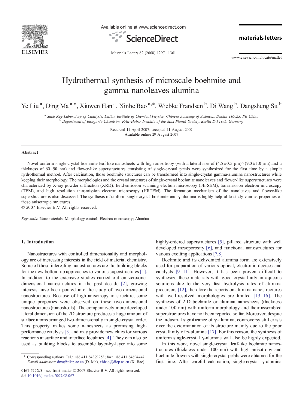 Hydrothermal synthesis of microscale boehmite and gamma nanoleaves alumina