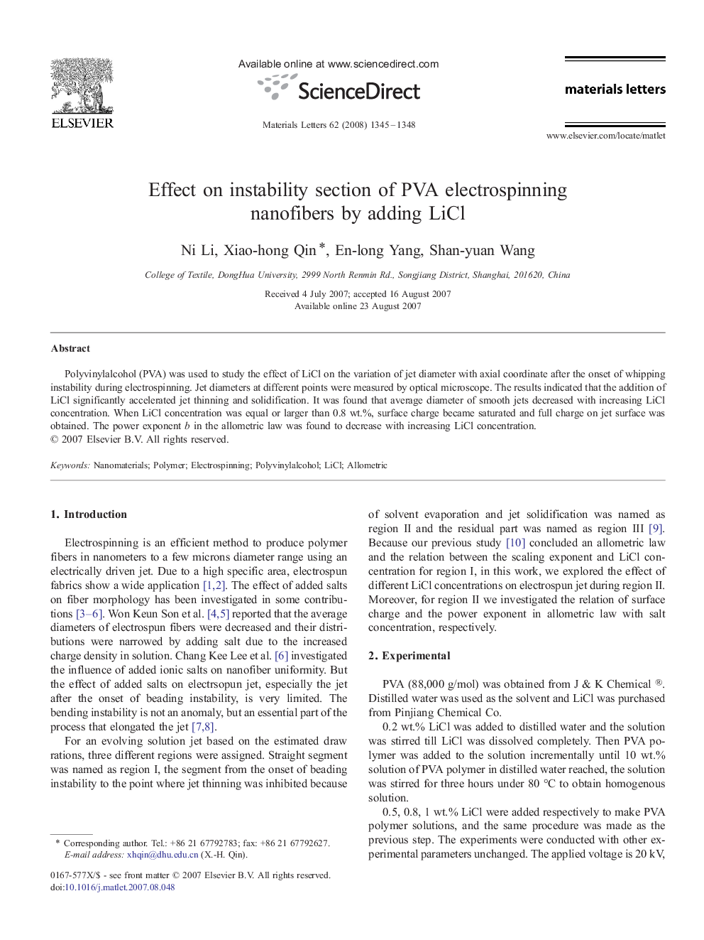 Effect on instability section of PVA electrospinning nanofibers by adding LiCl