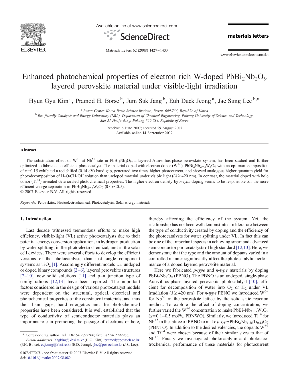 Enhanced photochemical properties of electron rich W-doped PbBi2Nb2O9 layered perovskite material under visible-light irradiation