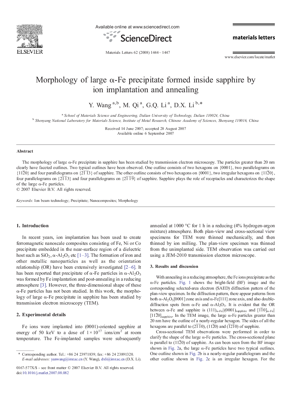 Morphology of large α-Fe precipitate formed inside sapphire by ion implantation and annealing