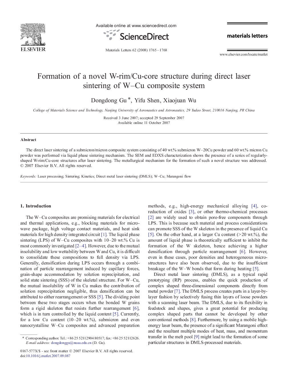 Formation of a novel W-rim/Cu-core structure during direct laser sintering of W–Cu composite system