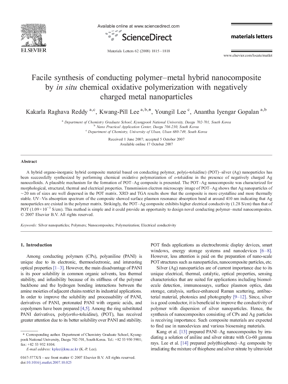 Facile synthesis of conducting polymer–metal hybrid nanocomposite by in situ chemical oxidative polymerization with negatively charged metal nanoparticles