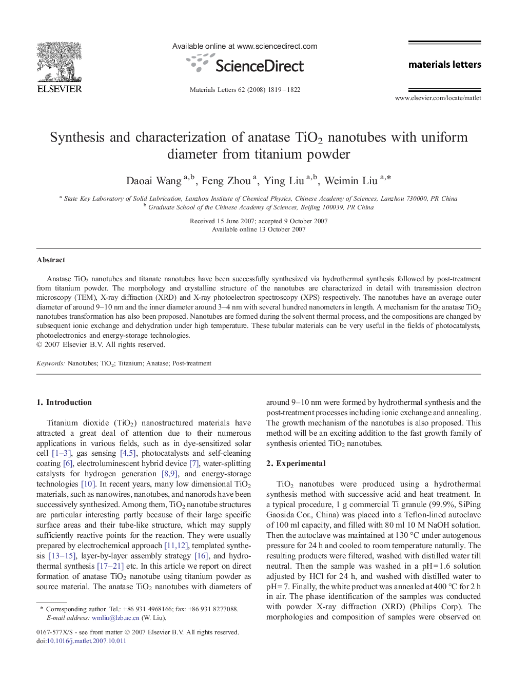 Synthesis and characterization of anatase TiO2 nanotubes with uniform diameter from titanium powder