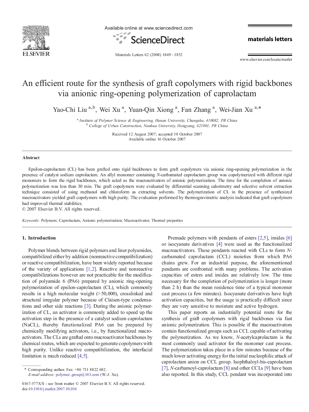 An efficient route for the synthesis of graft copolymers with rigid backbones via anionic ring-opening polymerization of caprolactam