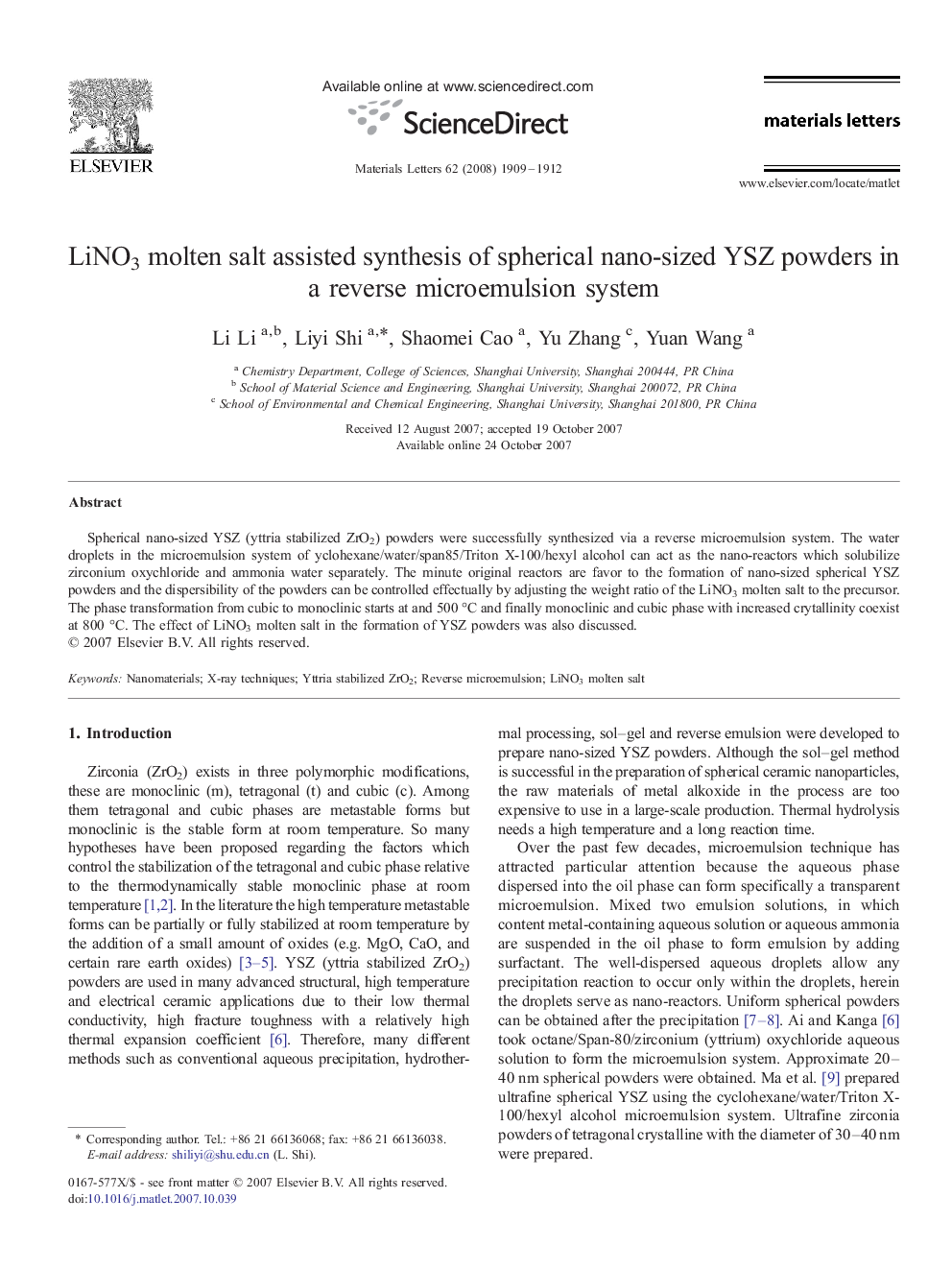 LiNO3 molten salt assisted synthesis of spherical nano-sized YSZ powders in a reverse microemulsion system