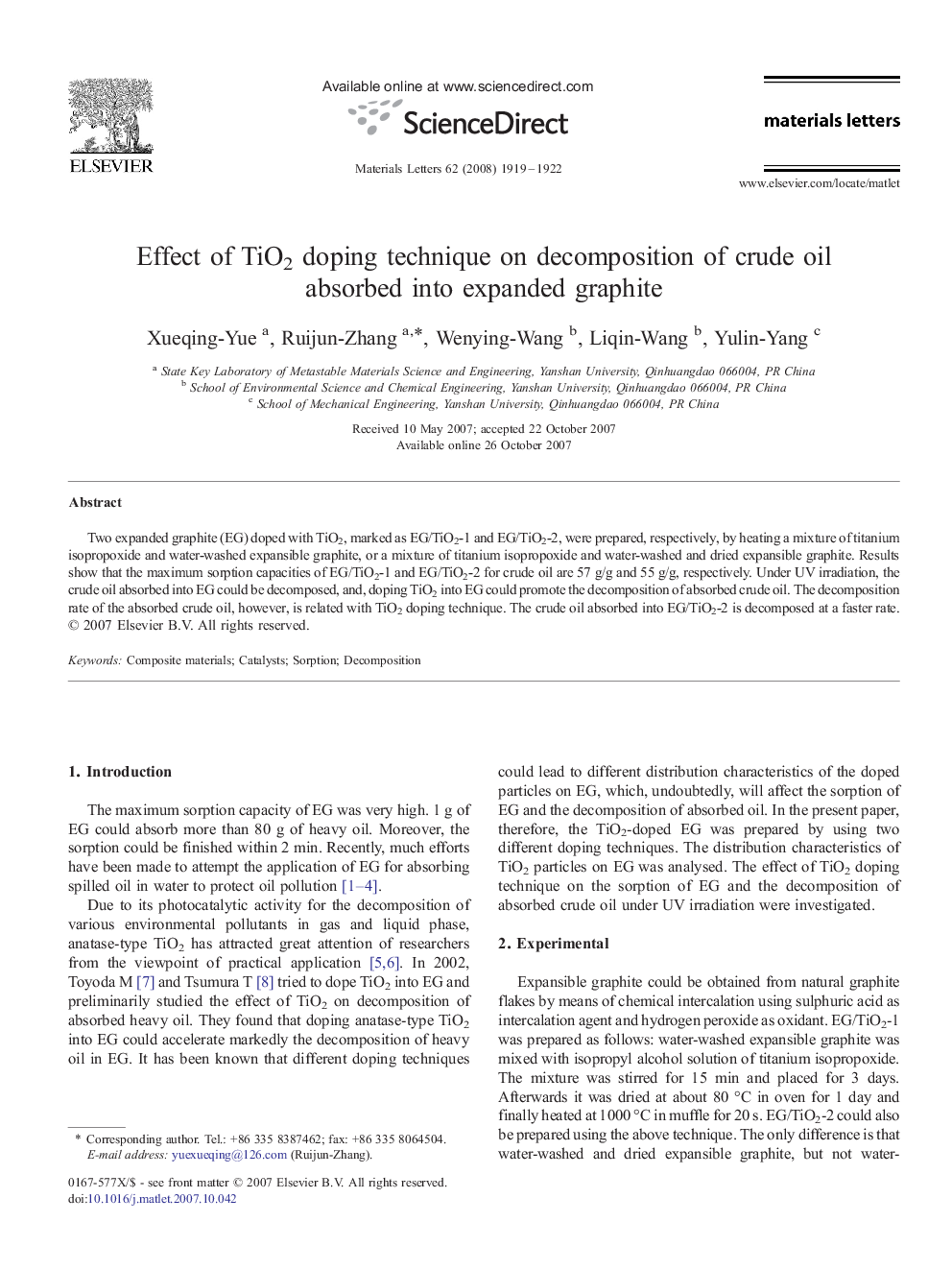 Effect of TiO2 doping technique on decomposition of crude oil absorbed into expanded graphite