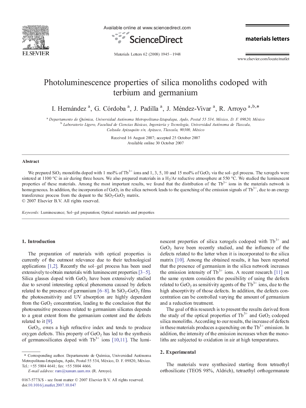 Photoluminescence properties of silica monoliths codoped with terbium and germanium
