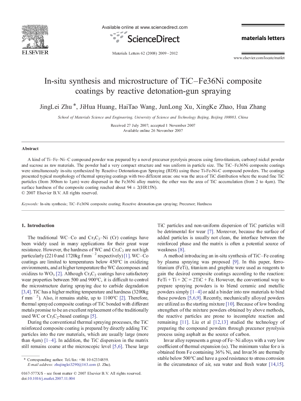عکس صفحه اول مقاله: In-situ synthesis and microstructure of TiC-Fe36Ni composite coatings by reactive detonation-gun spraying In-situ synthesis and microstructure of TiC-Fe36Ni composite coatings by reactive detonation-gun spraying