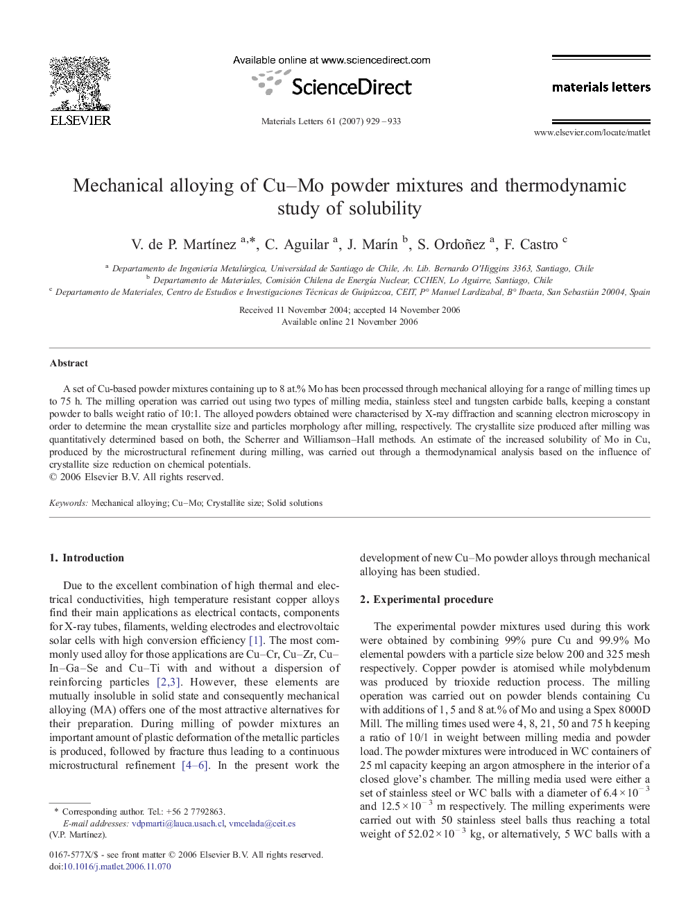 Mechanical alloying of Cu–Mo powder mixtures and thermodynamic study of solubility