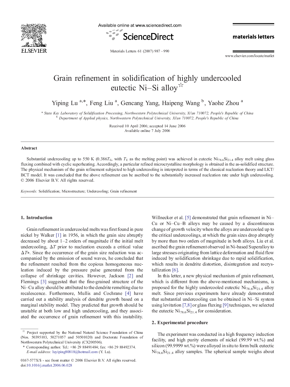 Grain refinement in solidification of highly undercooled eutectic Ni–Si alloy 