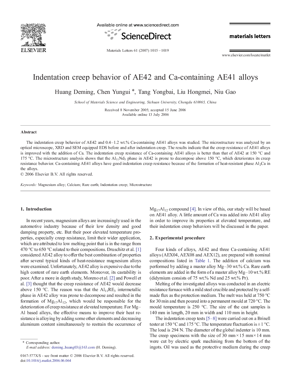 Indentation creep behavior of AE42 and Ca-containing AE41 alloys