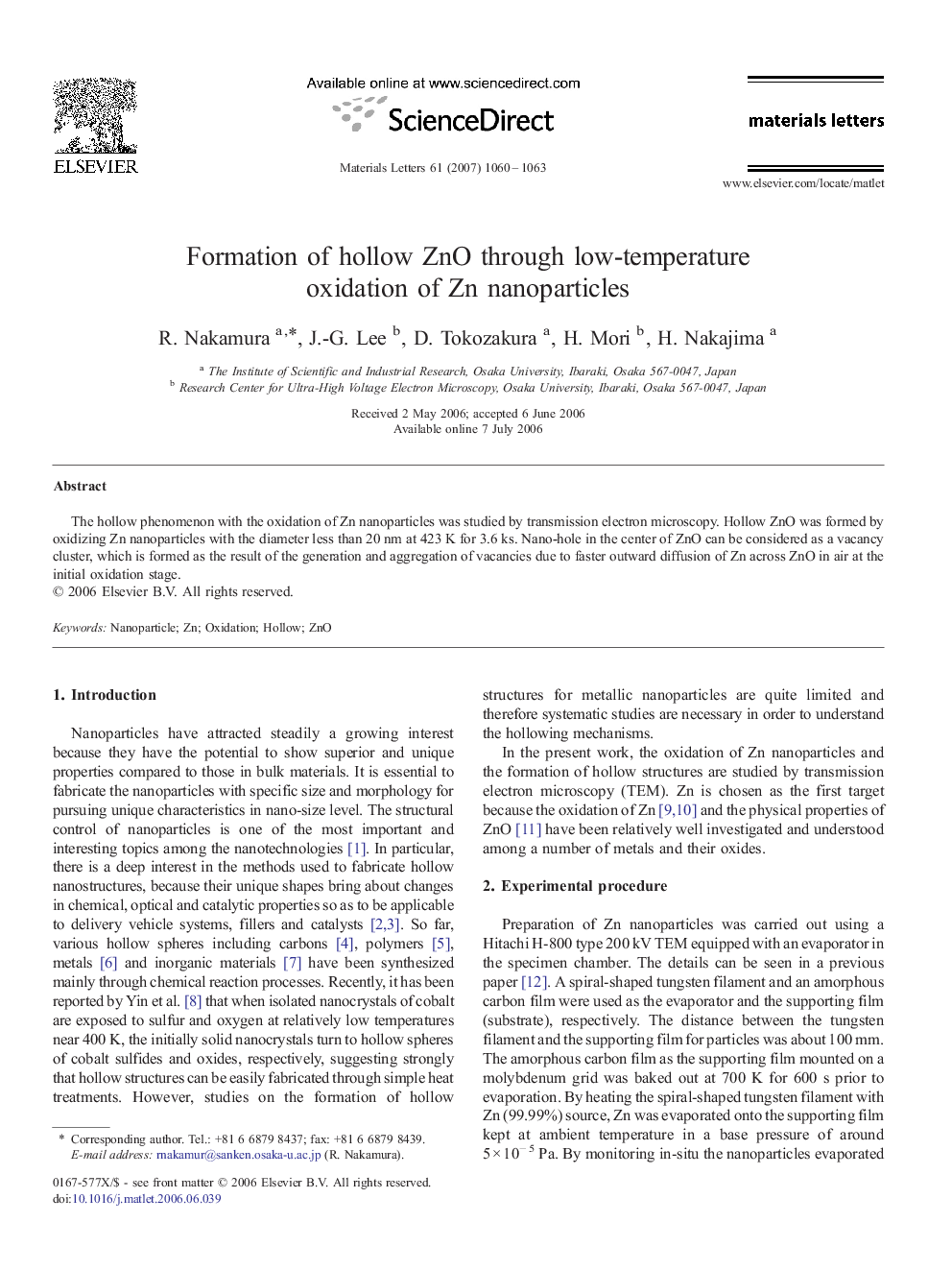 Formation of hollow ZnO through low-temperature oxidation of Zn nanoparticles