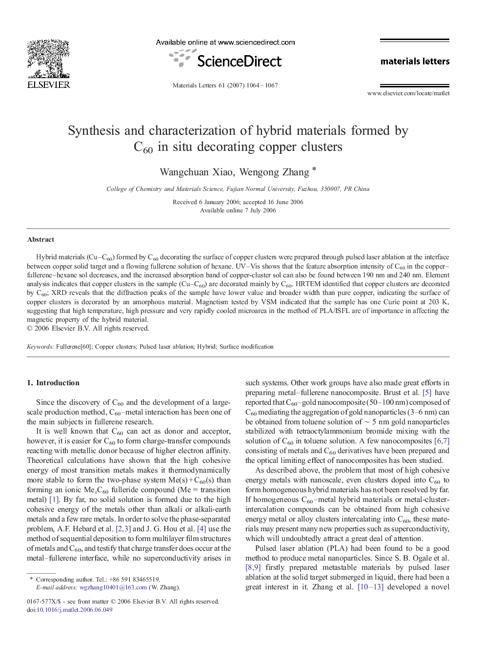 Synthesis and characterization of hybrid materials formed by C60 in situ decorating copper clusters