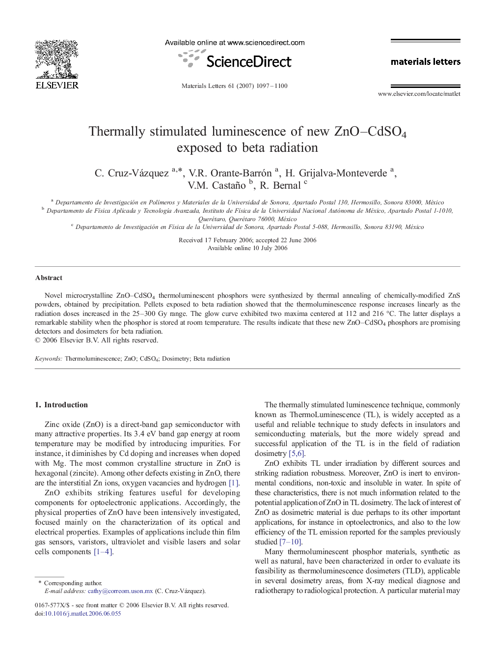 Thermally stimulated luminescence of new ZnO–CdSO4 exposed to beta radiation