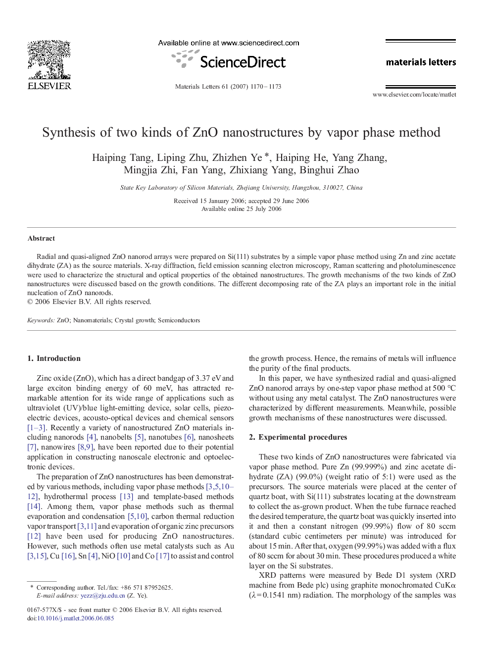 Synthesis of two kinds of ZnO nanostructures by vapor phase method