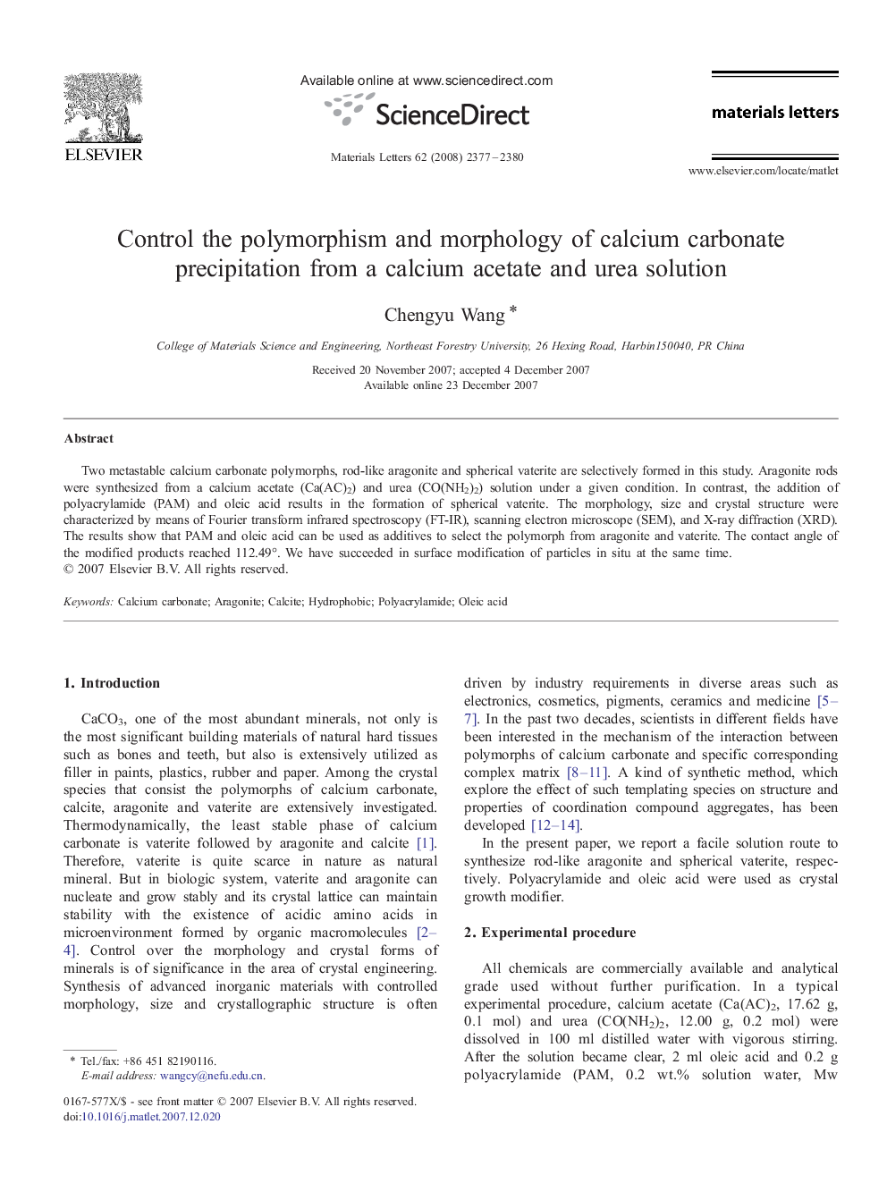 Control the polymorphism and morphology of calcium carbonate precipitation from a calcium acetate and urea solution