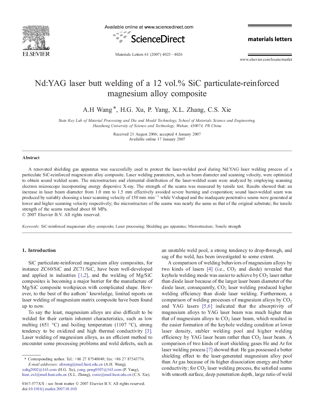 Nd:YAG laser butt welding of a 12 vol.% SiC particulate-reinforced magnesium alloy composite