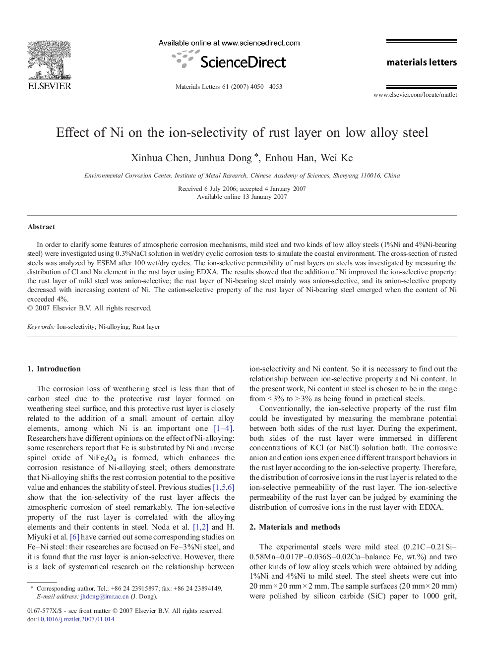 Effect of Ni on the ion-selectivity of rust layer on low alloy steel