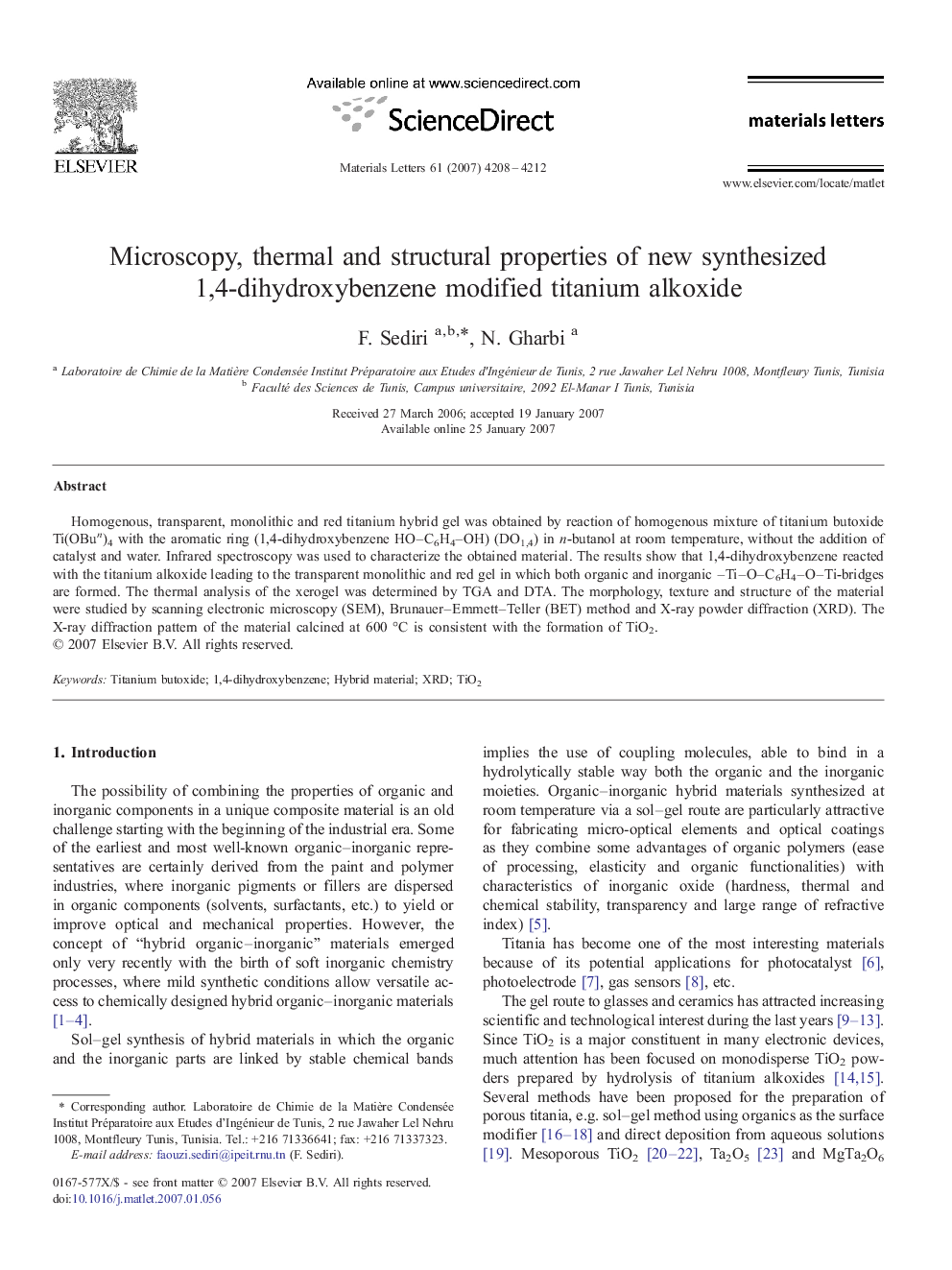 Microscopy, thermal and structural properties of new synthesized 1,4-dihydroxybenzene modified titanium alkoxide